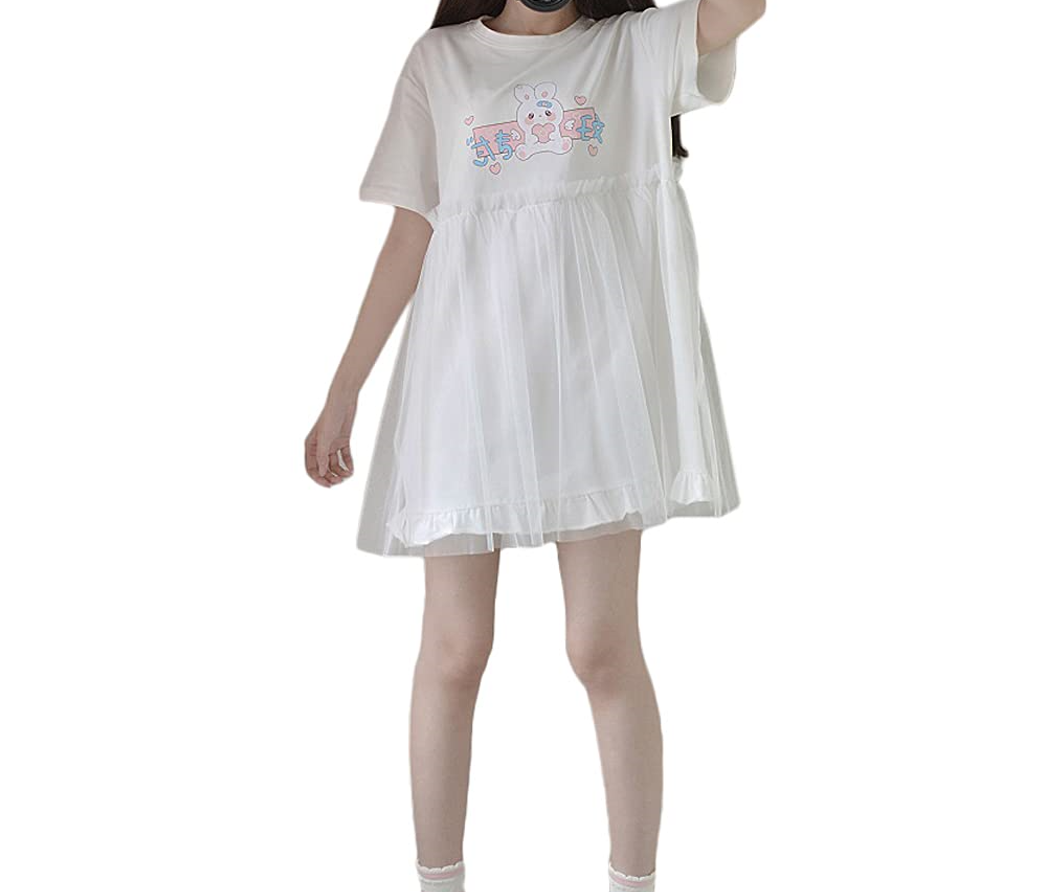 Kawaii Rabbit Graphic T-Shirt Dress White Short Sleeve Tee with Sheer Tulle Skirt with Mesh Overlay